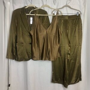 J.Crew 3 Pc 100% Silk Suit Blazer 12 Cami 2X Pants 10 Olive Brown EBR Bronze NWT